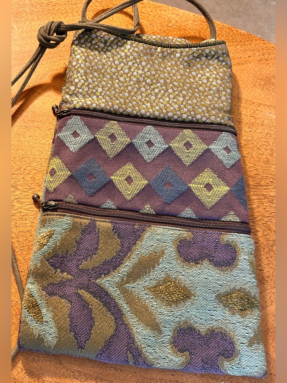 Maruca Handmade Crossbody Bag – Boulder, Colorado – Multi‑Pattern Tan Tapestry